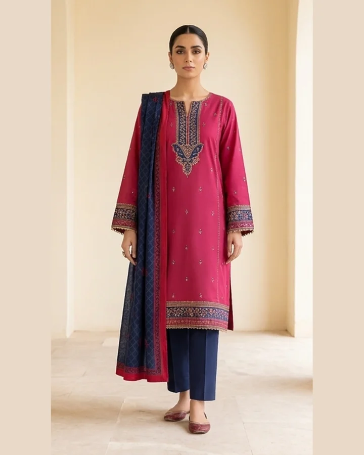 Magenta Embroidered 3 Piece Suit
