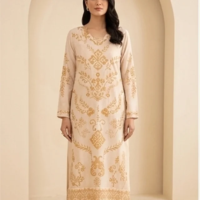 Beige Gold Embroidered Suit - M