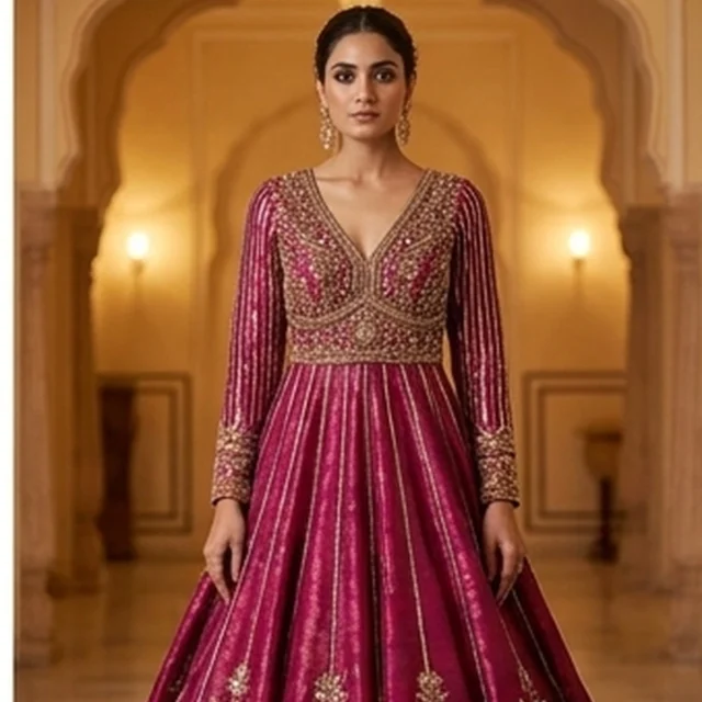 Magenta Embroidered Bridal Gown