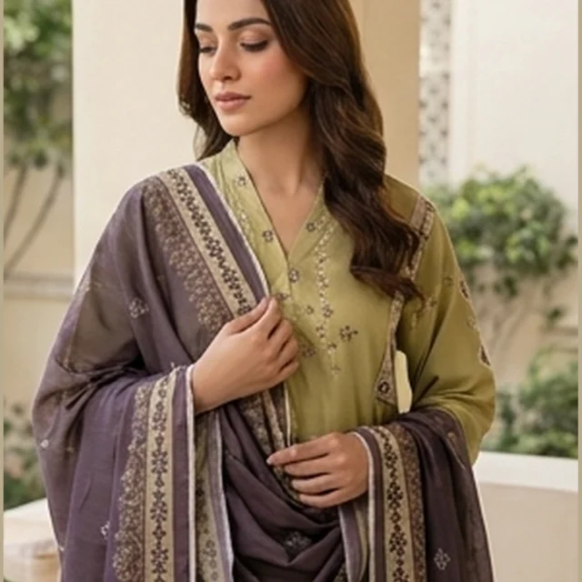 Olive Embroidered Pret Suit - XL