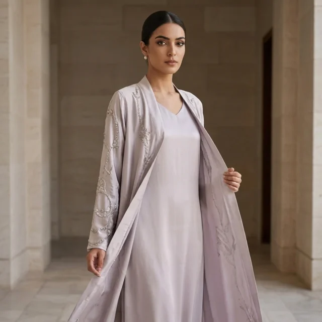 Silver Embroidered Open Abaya - XL
