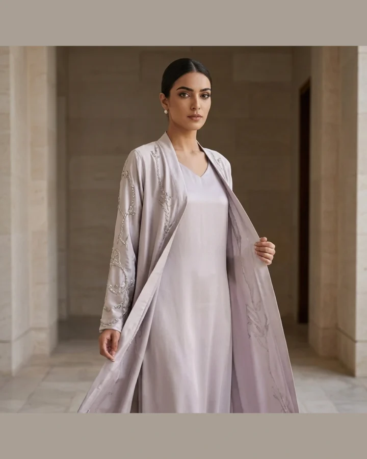 Silver Embroidered Open Abaya