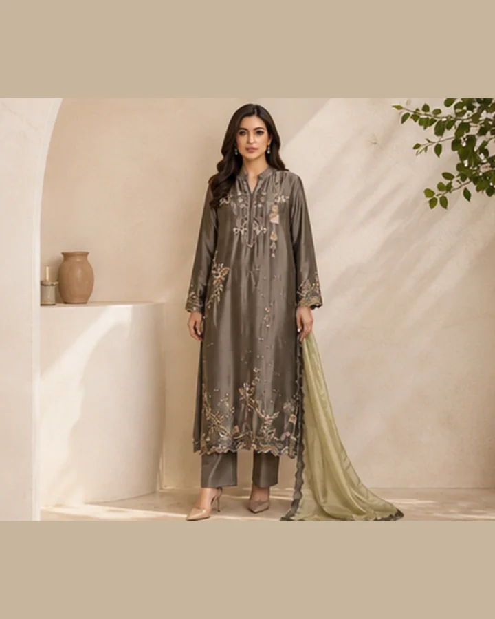 Taupe Embroidered Formal Suit